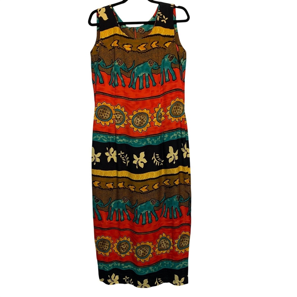 Colorful Elephant Sunflower Midi Dress‎ M Multicolor Boho Eclectic Ethnic Earthy